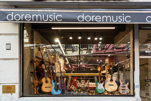 Istanbul, Turkey, 10th of October 2023, Musical instrument store with guitars and electric guitars,