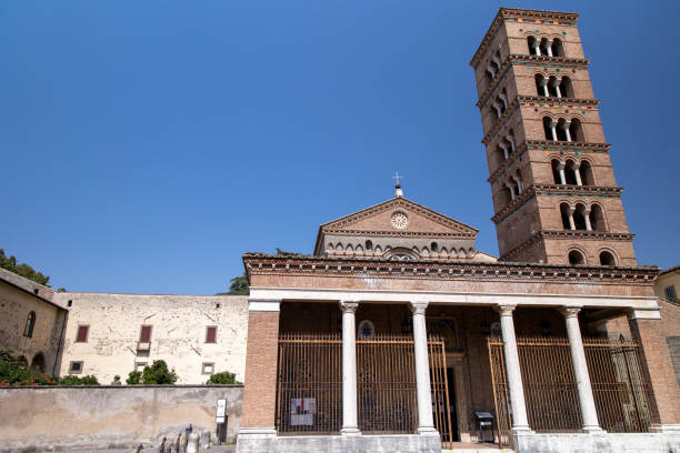 Grottaferrata, Italy - august 16 2021 - The church, the bell tower, in the Exarchic Monastery of Saint Mary in Grottaferrata, Greek Abbey of Saint Nilus, the last Byzantine-Greek monastery in Italy