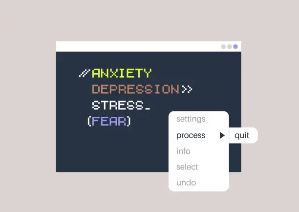Vector illustration of Therapeutic tools helping to manage well-being, a terminal window with active processes, symbolizing mental states like depression, anxiety, fear, and stress, and a pop up menu that shuts them down