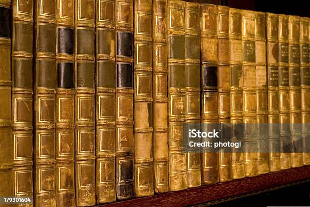 Retro Books On Bookshelf Stock Photo - Download Image Now - Antique, Book, Bookshelf