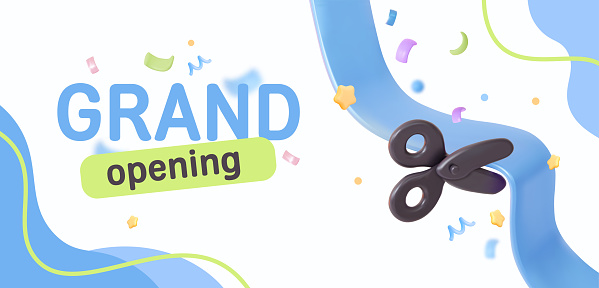 Grand opening celebration invitation. Scissors with a ribbon to celebrate the opening of the company. 3D vector creative template in cartoon style.