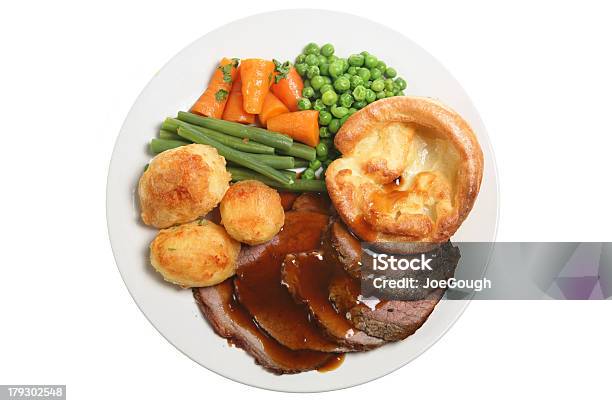 White Plate With Roast Beef And Vegetables Stock Photo - Download Image Now - Roast Dinner, Plate, High Angle View