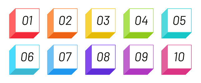 Vector number bullet point collection. 3d geometric shapes colorful labels set.