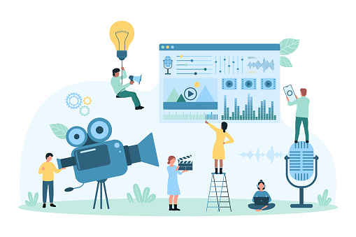 Video content creation, movie and multimedia production for vlog vector illustration. Cartoon tiny people record video podcast with camera, edit and montage with equipment and visual interface