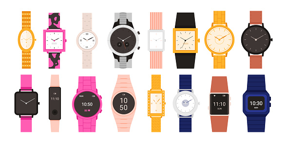 Wrist watch set vector illustration. Cartoon isolated fashion wristwatch collection with expensive luxury gold clock, classic female and male mechanical accessory, smartwatch with digital display