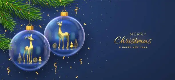 Vector illustration of Merry christmas greeting card or banner. Hanging transparent glass balls with golden deers inside, spruce branches on blue background, golden confetti. New Year Xmas 3D design. Vector illustration.