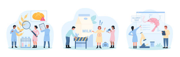 istock Food allergy set, tiny people warning against eating bread, seafood and dairy products 1793029536
