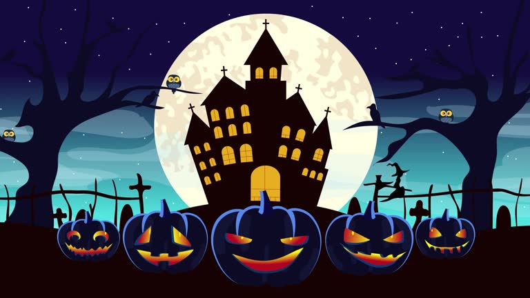 İt's  Halloween night with evil pumpkins, bats and a haunted castle in the background and a full moon. 2d Animation, Halloween 4K Resolution.