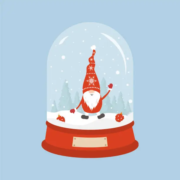 Vector illustration of Glass snow globe with christmas gnome. New Year decorative ball with winter landscape. Holiday snowball with snowflakes isolated on blue background. Vector illustration in flat cartoon style
