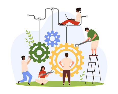 Repair, update and automation, development of data systems vector illustration. Cartoon tiny people with wrench tools fix broken machine mechanism, employees of maintenance service change cogwheel