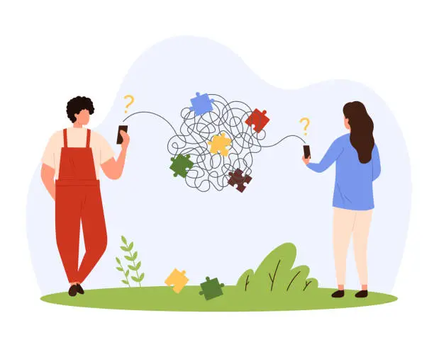 Vector illustration of Barrier of misunderstanding in online communication, tiny man and woman holding phones