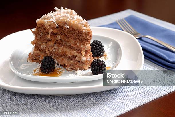 Rebanada De Pastel De Chocolate Y Moras Alemán Foto de stock y más banco de imágenes de Alcorza - Alcorza, Coco - Fruta tropical, Cultura alemana