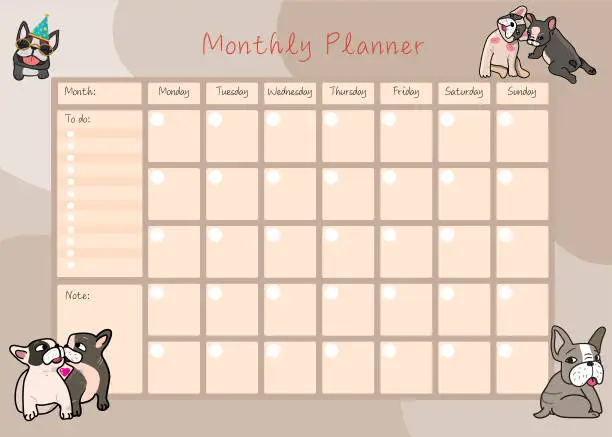 Vector illustration of cute month plan week and day French bulldog design color calendar template