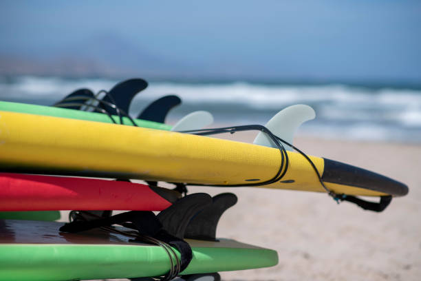 istock Set of different color surf boards in a stack by see. Surf boards for school on sandy beach. Soft toned photo. 1793041142