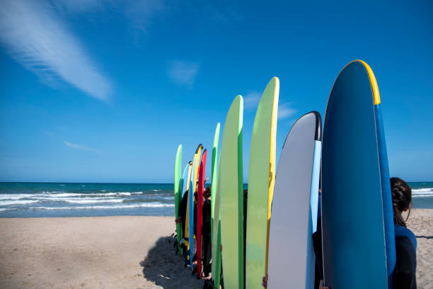 istock Set of different color surf boards in a stack by see. Surf boards for school on sandy beach. Soft toned photo. 1793041177