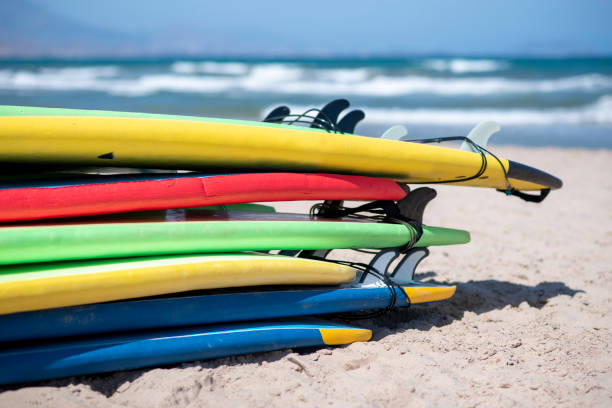 istock Set of different color surf boards in a stack by see. Surf boards for school on sandy beach. Soft toned photo. 1793041178
