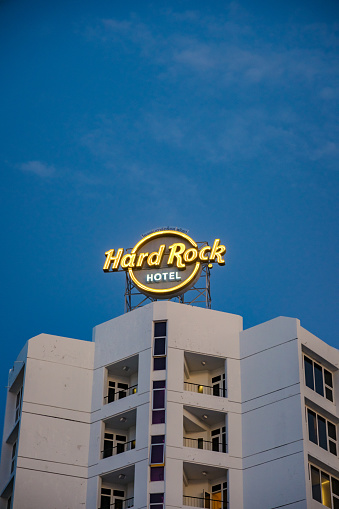 Pattaya Thailand 10 November 2023, Hard Rock Cafe and hotel on the beach road , logo of the Hard Rock hotel neon light in the evening