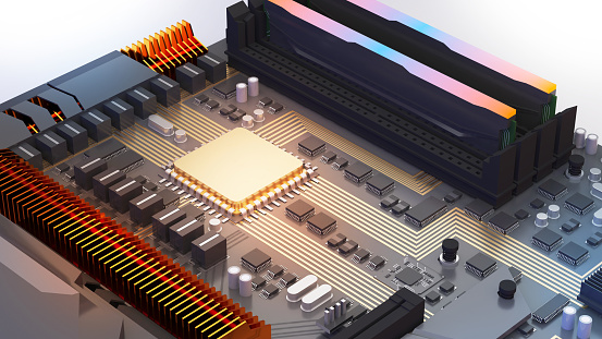 An illustration of the components of a basic computer.computer technology in the workplace, isometric ,3d rendering