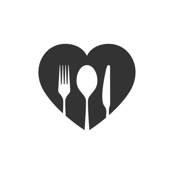 Gourmet Gourmet graphic logo. Heart with spoon, fork and knife isolated sign on white background. Tasty food symbol. Vector illustration plate and fork stock illustrations