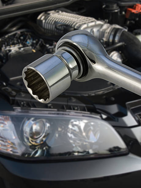 Socket spanner and engine stock photo