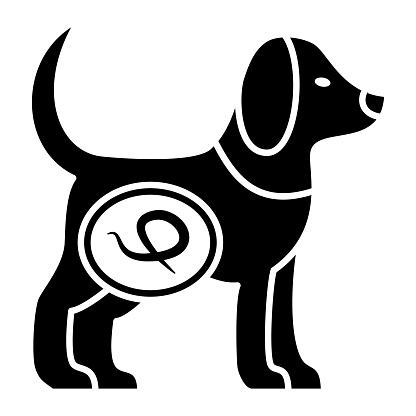 Worms in dogs solid icon, Diseases of pets concept, Worms intestinal parasites sign on white background, dog with worms icon in glyph for mobile web design. Vector graphics.