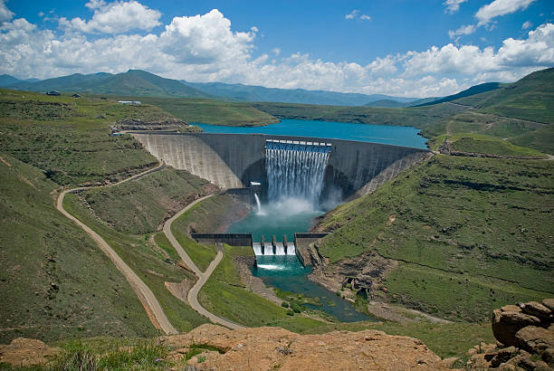 Panorama view of the Katse dam and mountains around it stock photo