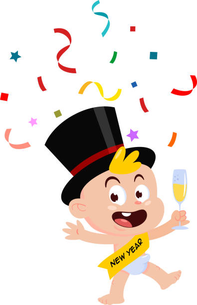 Cute New Year Baby Cartoon Character With Glass of Champagne And Ribbon Cute New Year Baby Cartoon Character With Glass of Champagne And Ribbon. Vector Illustration Flat Design Isolated On Transparent Background new years baby stock illustrations