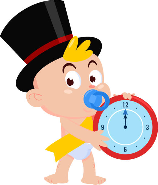 Cute New Year Baby Cartoon Character Holding A Clock Cute New Year Baby Cartoon Character Holding A Clock. Vector Illustration Flat Design Isolated On Transparent Background new years baby stock illustrations