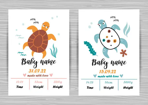 Vector illustration of Baby shower invitation templates with cute turtles. Date of birth, height, weight.