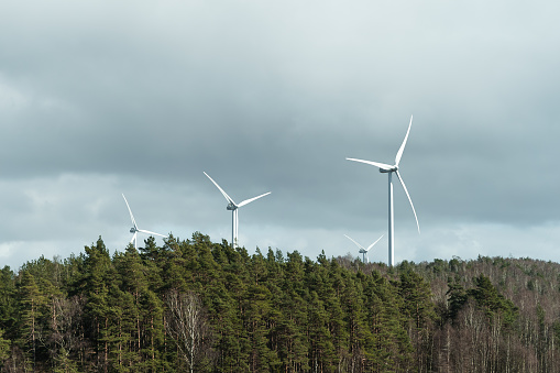 Wind energy turbines over a forest with moody clouds