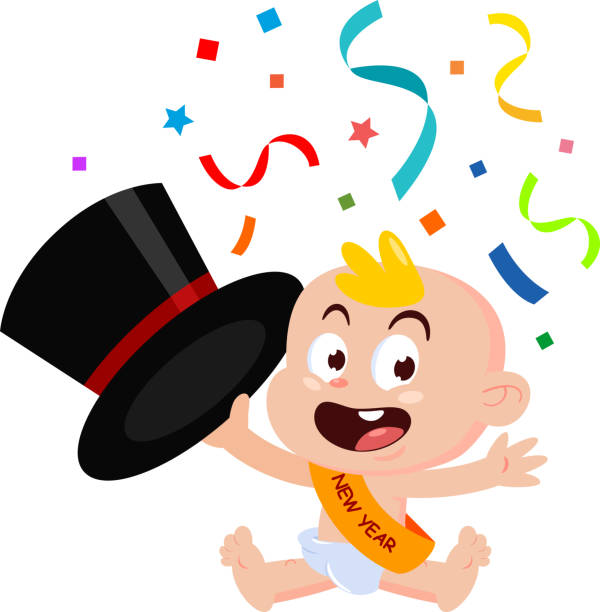 Cute New Year Baby Cartoon Character Waving With Top Hat Cute New Year Baby Cartoon Character Waving With Top Hat. Vector Illustration Flat Design Isolated On Transparent Background new years baby stock illustrations