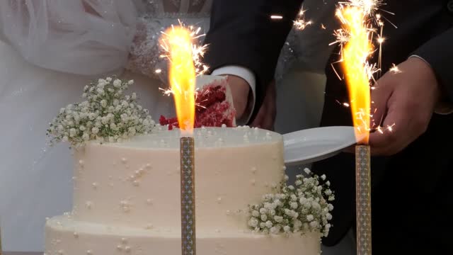 The newlyweds cut a cake with fireworks.