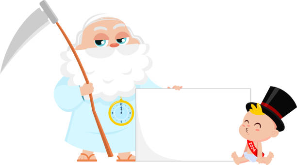 New Year Baby And Father Time Man Cartoon Characters New Year Baby And Father Time Man Cartoon Characters. Vector Illustration Flat Design Isolated On Transparent Background new years baby stock illustrations