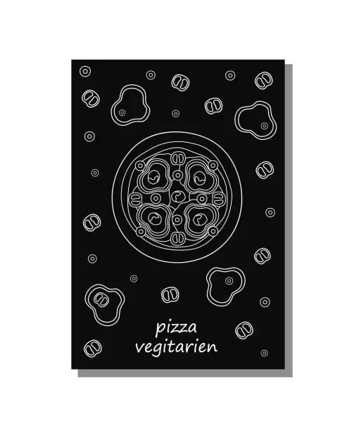 Vector illustration of Pizza poster with white outline with signature veggie on black background cherry tomatoes pepper olives
