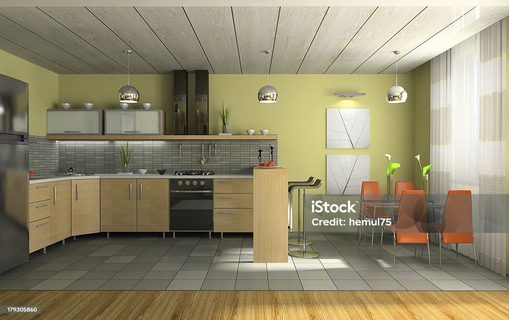 Interieur des modernen Küche 3D-Abbildung - Lizenzfrei Accessoires Stock-Foto