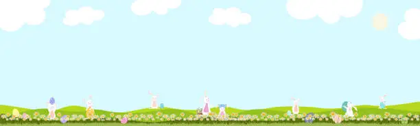 Vector illustration of Easter background,Spring field and Blue sky landscape with Bunny hunting Easter eggs,Vector Cute cartoon Rabbits in grass field. Spring or Summer time banner with copy space for Easter greeting card