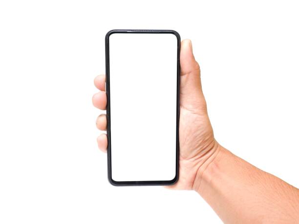 istock Male hand holding a white screen on a white background. business concept. 1793064605