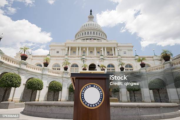 Speechifying Us Capitol Building Podium Set Up For Press Conference Stock Photo - Download Image Now