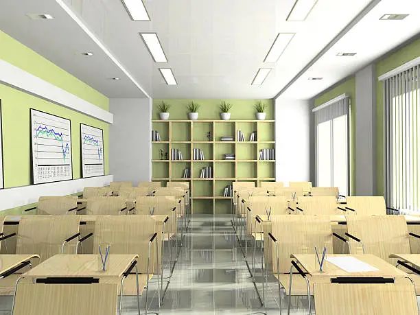 "Interior of the lecture-room for seminars, studies, trainings or meetings"