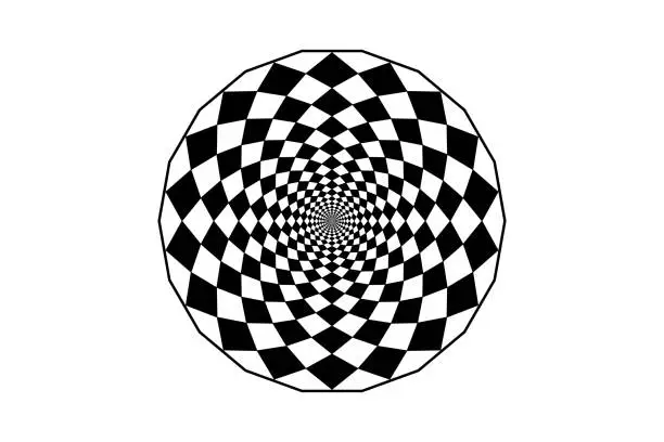 Vector illustration of Hypnotic art mandala design, optical spiral illusion. Optical Checkered Circle Classic circular Op Art design in black and white. Vector illustration isolated on white background