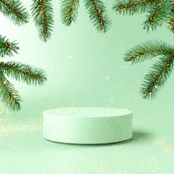 beige light podium Christmas podium for products showcase, promotional sale, in green color makeup product photography stock pictures, royalty-free photos & images