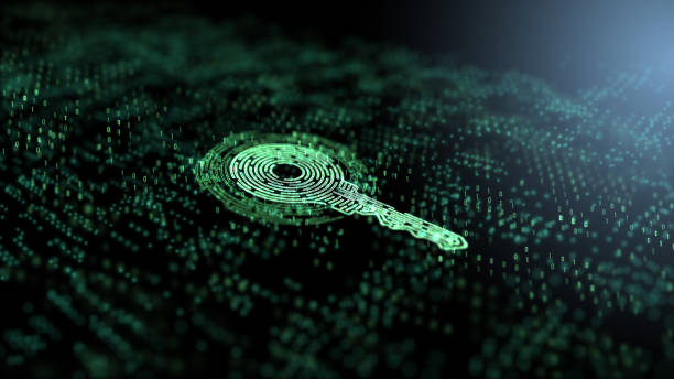 istock Digital key with active circuit boards floating on a dark background 1793081700