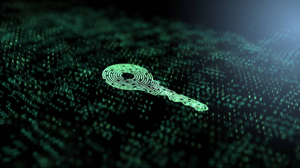 istock Digital key with active circuit boards floating on a dark background 1793081702