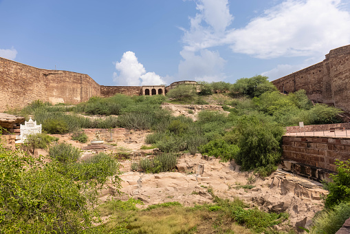 Jodhpur, Rajasthan, India- September 2021: Architecture view of Mehrangarh Fort. A UNESCO World heritage site in jodhpur, built in 1459, is one of the largest forts in Rajasthan. The Fort is situated on a steep hill which dominates the 'blue' city Jodhpur.