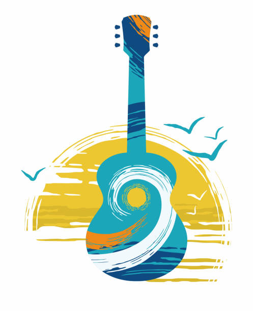 ilustrações de stock, clip art, desenhos animados e ícones de acoustic folk guitar with sea waves pattern against sunset album band music festival logo poster - musica sertaneja