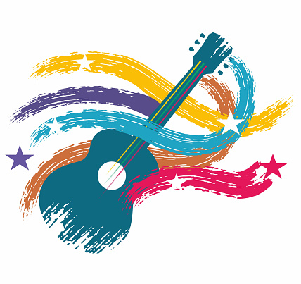 folk blues acoustic guitar with multicolor grunge sound waves and stars festival merchandise promotion logo