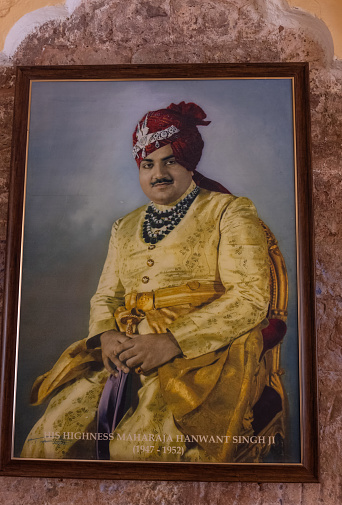 Jodhpur, Rajasthan, India- September 2021: Handmade paintings of kings of jodhpur hanging at the hall of the fort for tourists.