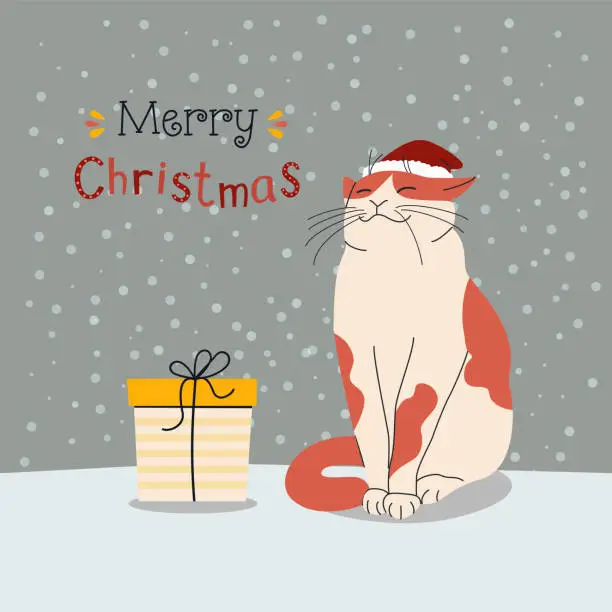 Vector illustration of Cat on the snowy background . Christmas vector flat cartoon illustration