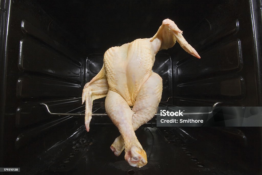 Dancing GMO chicken seated in a oven This very special chicken doesn't want to be cooked and sit up for a resistance. Chicken - Bird Stock Photo