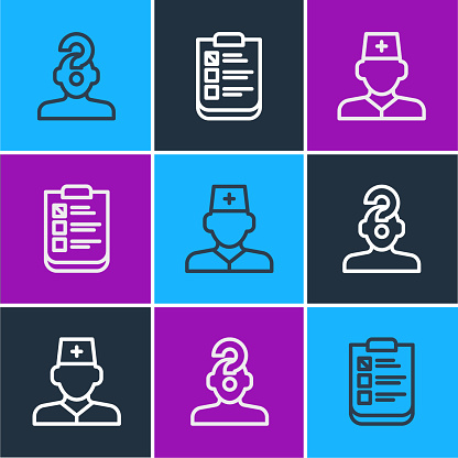 Set line Human with question mark, Male doctor and Psychological test icon. Vector